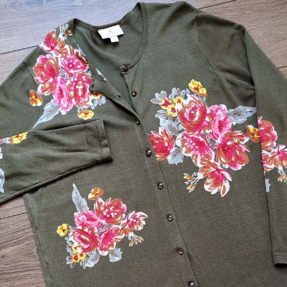 Quacker Factory Embellished Knit Cardigan Sweater - Green Floral Sequin - Large‎